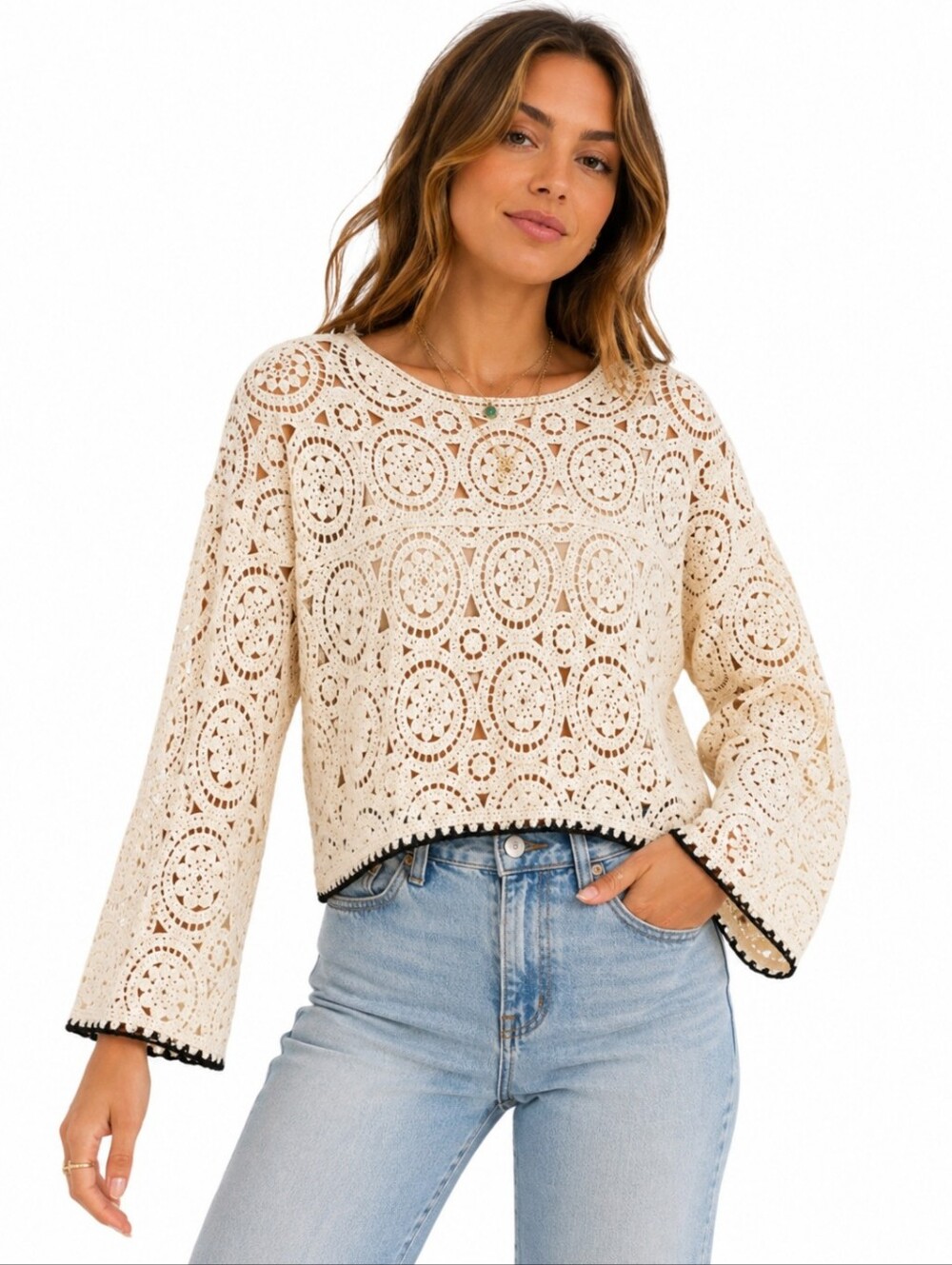 CAPRI Crochet Open Knit Long Sleeve Cream Color Sweater Size Large